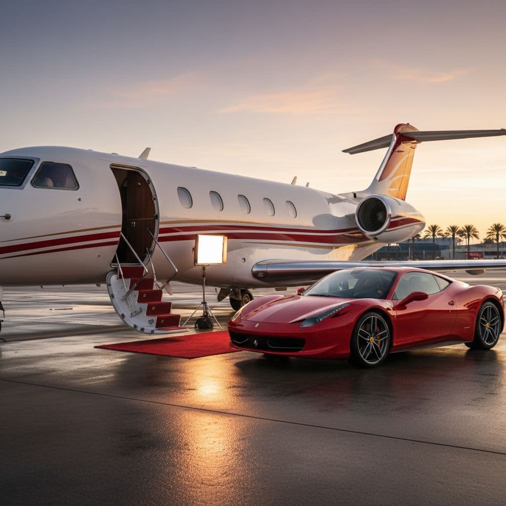 AI generated: A r full shot of  a  very luxurious red and white themed  private jet with doors open and red Ferrar...