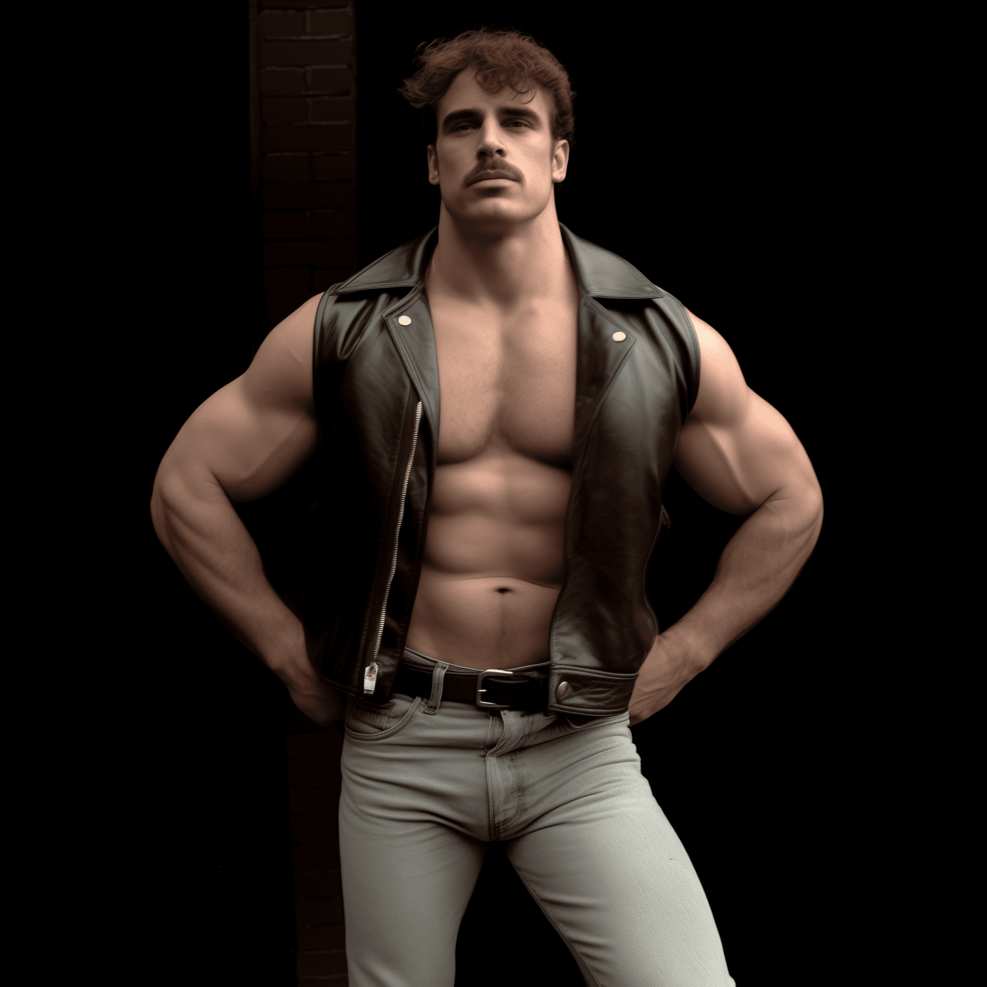 AI generated: head to toe shot, arms raised, hairy chest, hairy arm pits, posing, ((abs)), fit, photography, in th...