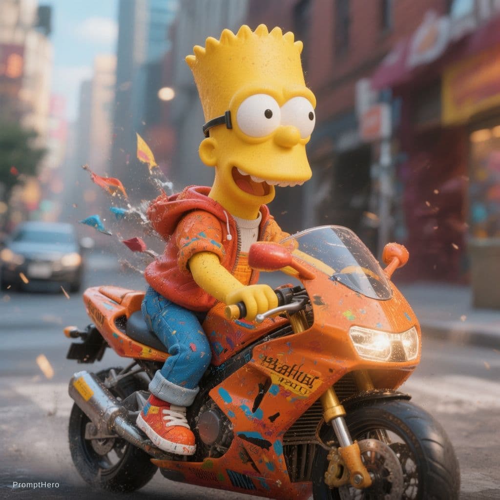 AI generated: bart simpson 3d remera roja 3d en motocicleta naranja 3d

