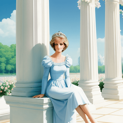AI generated: Beutiful Princess Diana, Sitting on a stool, White palace, bright, pillars, flowers, blue sky, make ...