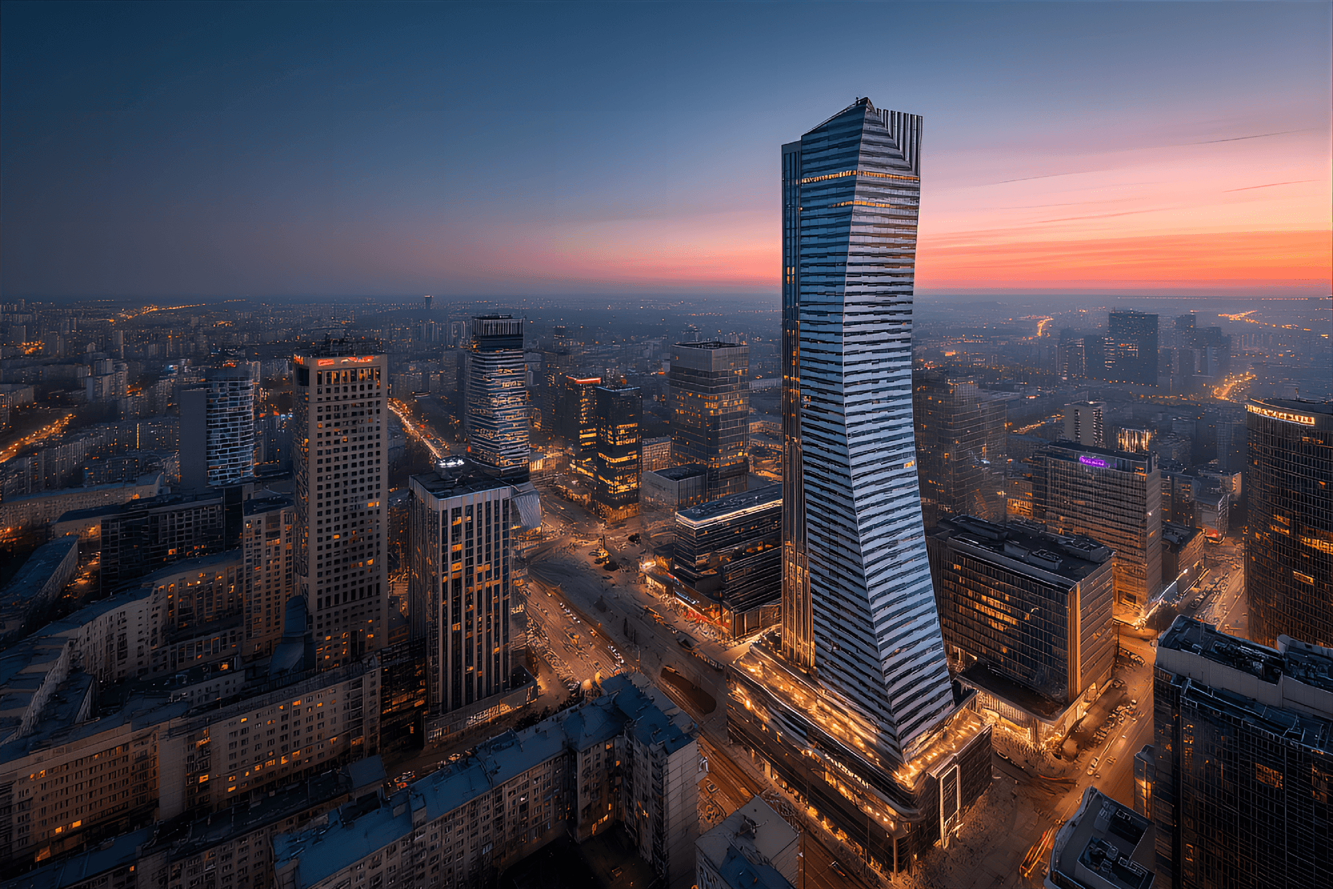 AI generated: Modern skyscraper, steel and glass façade, reflection of sunset, urban environment, high angle shot,...
