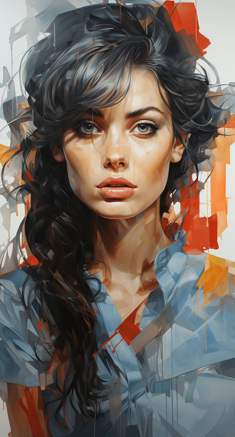 AI generated: a woman wearing a colorful shirt, in the style of james bullough, robotic expressionism, serene face...