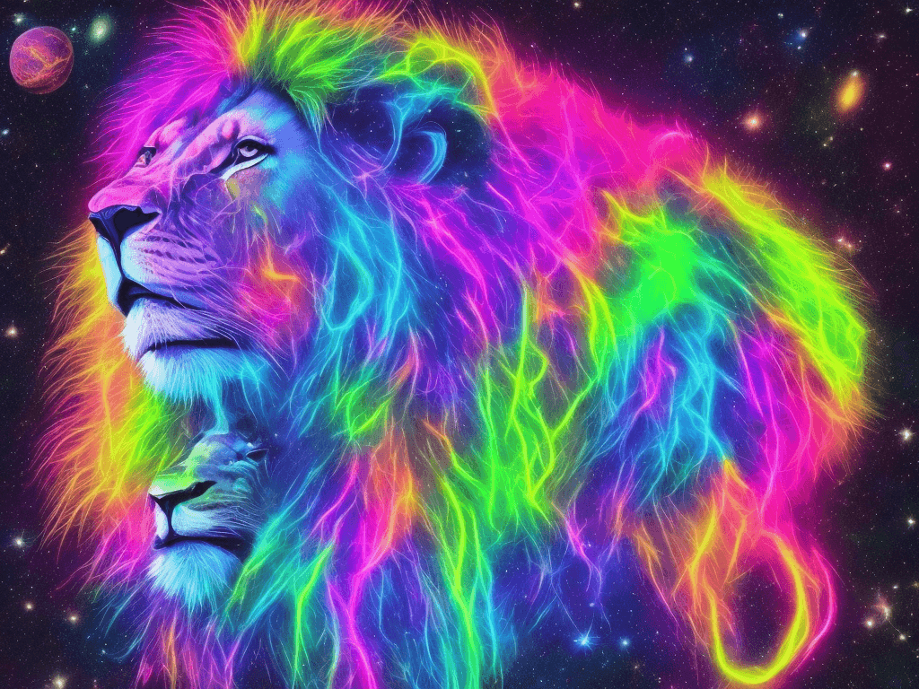 AI generated: Neon lion in outer space