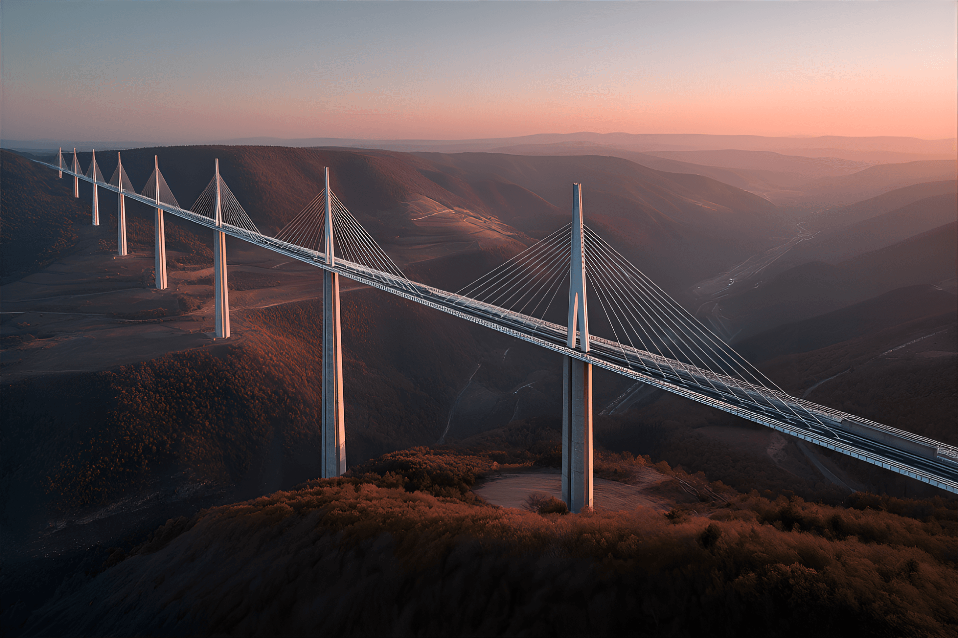 AI generated: Structural Expressionist bridge, , aerial view, sunrise light,  extreme wideangle shot