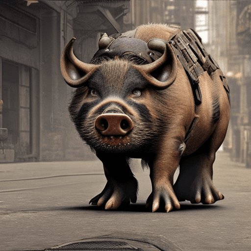 AI generated: A ultra realistic humanoid boar in a WWII sergeant's uniform, in a cyberpunk dystopian city