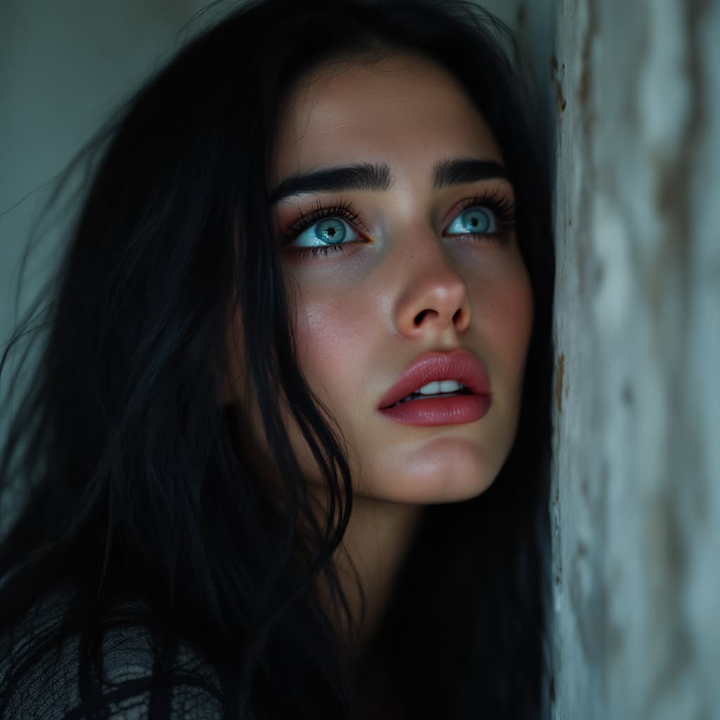 AI generated: A stunning black-haired teary-eyed woman in her early 30s with a heart-shaped face, icy blue Lana Rh...