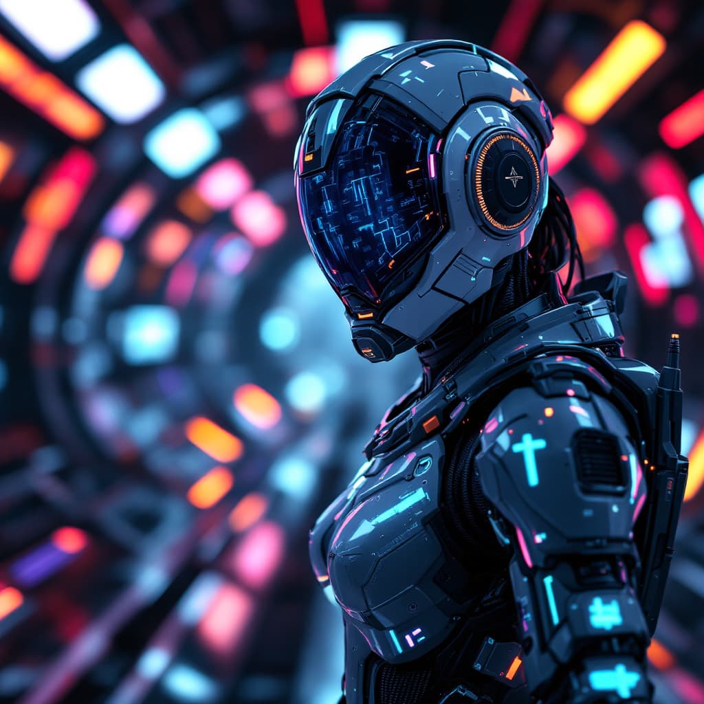 AI generated: ultra-detailed female space ranger in cybernetic armor on a space station, neon lights reflections, ...