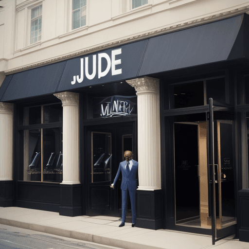 AI generated: the exterior of a suit store, the name of the suit store being "MJ SUITS" 

make the name of the sui...