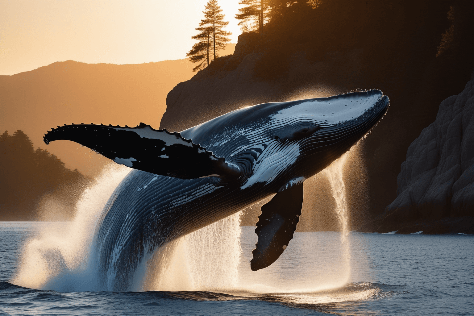 AI generated: photo realism, hd, 8k, highly defined, side view, humpback whale breaching the surface of the water,...