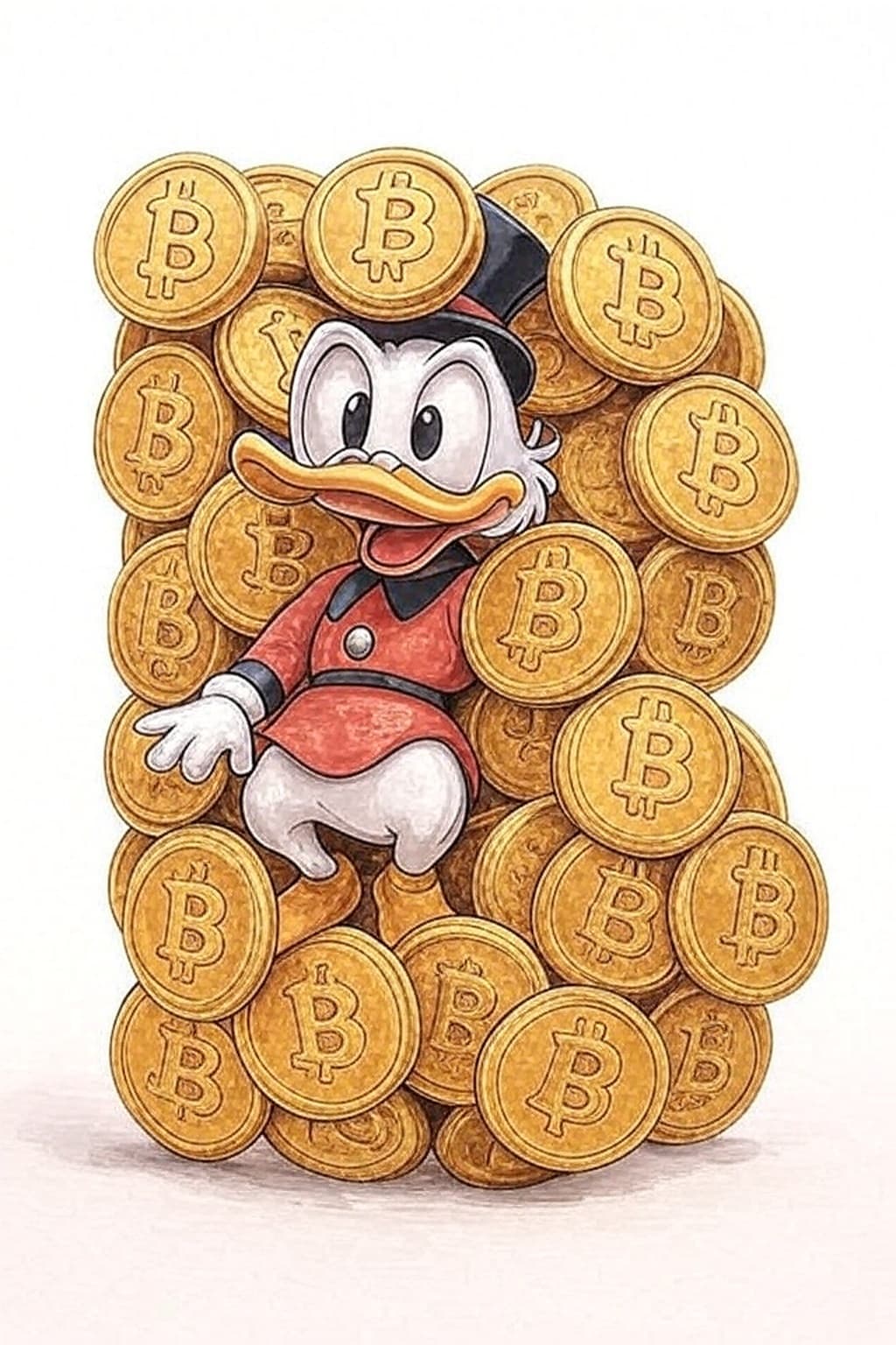 AI generated: A whimsical cartoon illustration featuring a joyful, wealthy duck character resembling scrooge mcduc...