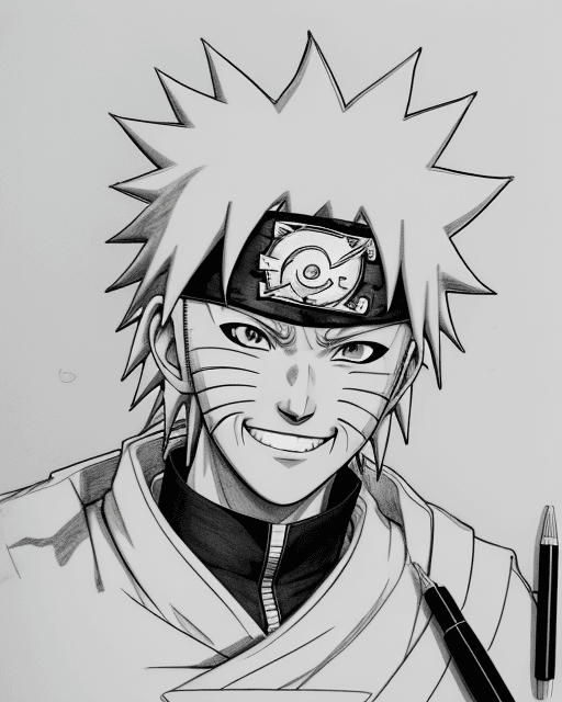 AI generated: smile face Naruto Uzumaki, illustration line art, anime, manga, pen sketch, pen drawing, inking, bla...