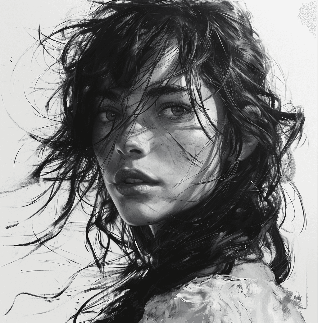 AI generated: a drawing with a girl with long hair covering her face, in the style of oliver wetter, paul hedley, ...
