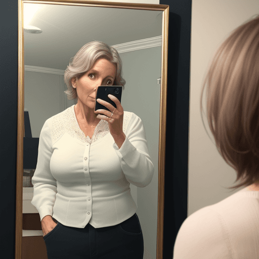 AI generated: Real image of a 40 year old woman admiring herself in the mirror