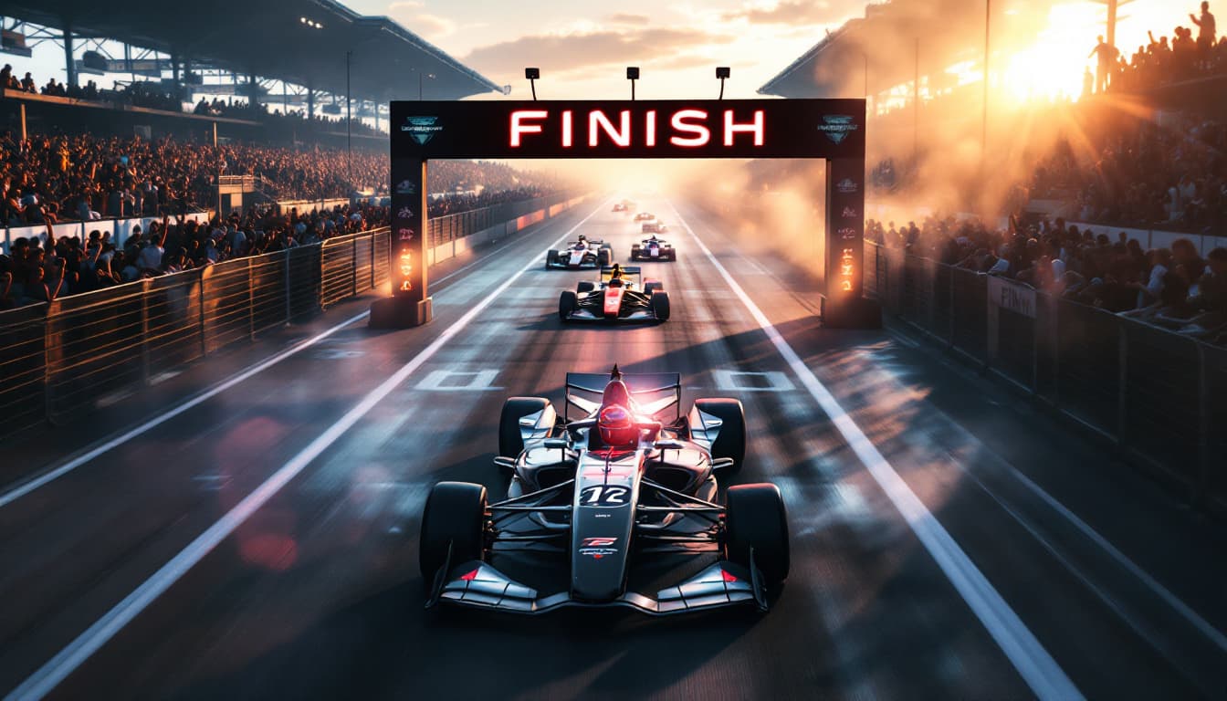 AI generated: The wide track is well lit by the sun.  Tension is increasing. A FINISH banner over the wide race co...
