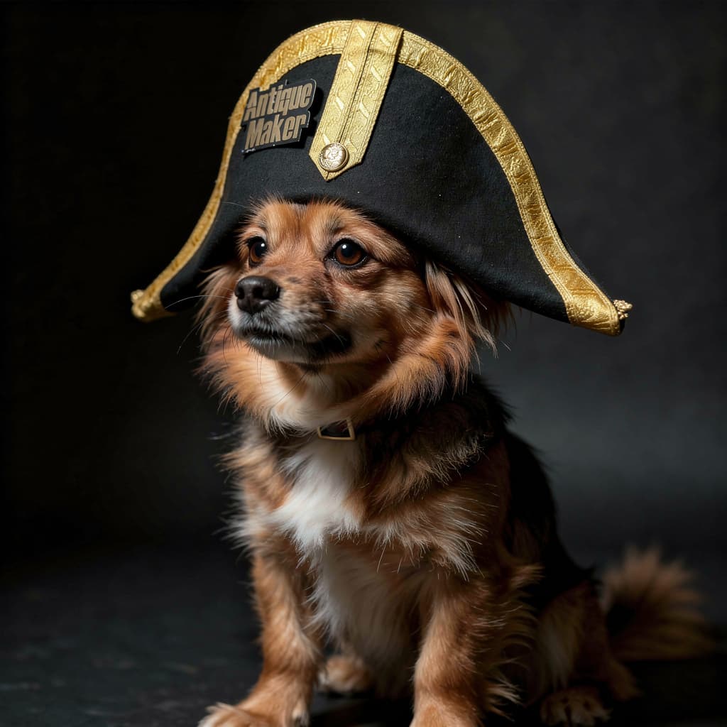 AI generated: A cinematic portrait of a majestic furry small dog wearing a historical military shako hat, dramatic...