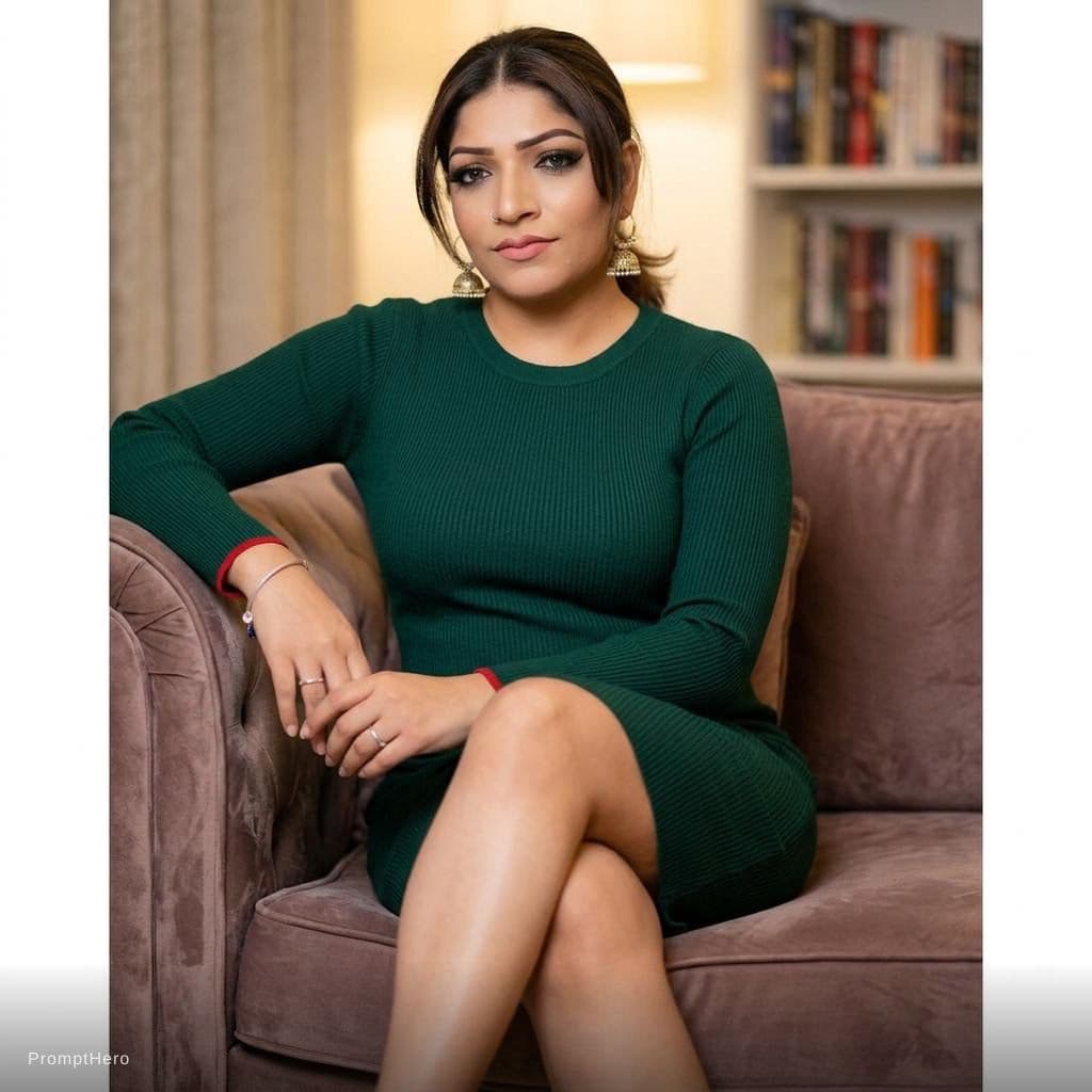 AI generated: Sitting on a couch with legs crossed, wearing a bodycon dress, same makeup and hairstyle