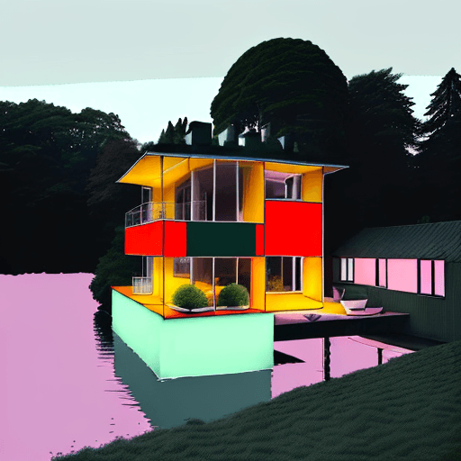 AI generated: Garden with a small single-family house in Bauhaus style by the lake. View of the house from diagona...