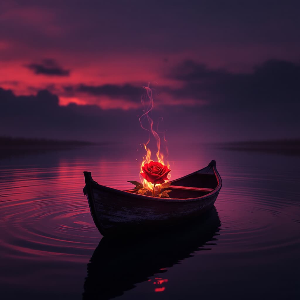 AI generated: A hyper-realistic cinematic still of a small, weathered wooden boat drifting alone in the center of ...