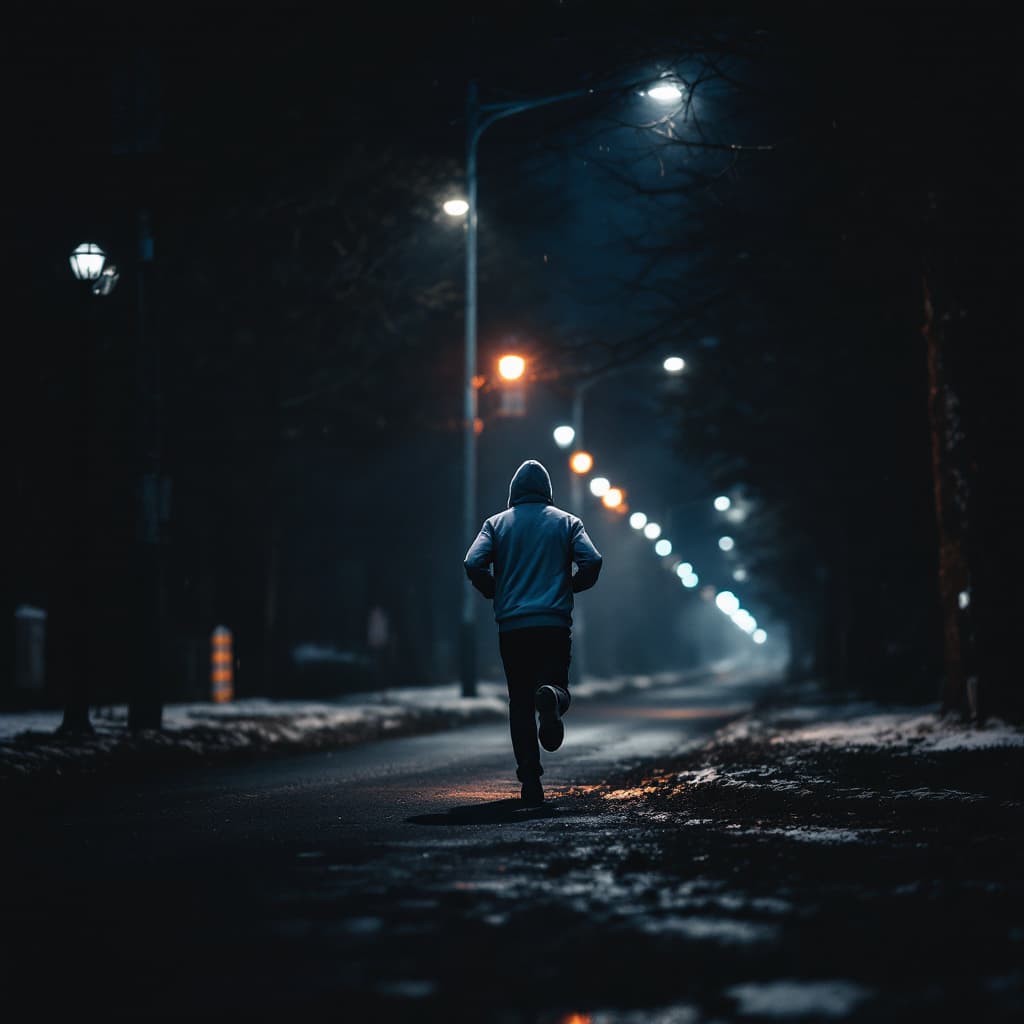 AI generated: man running with wearing a gray hoodie at 3 am in street, everywhere is dark and there is only stree...