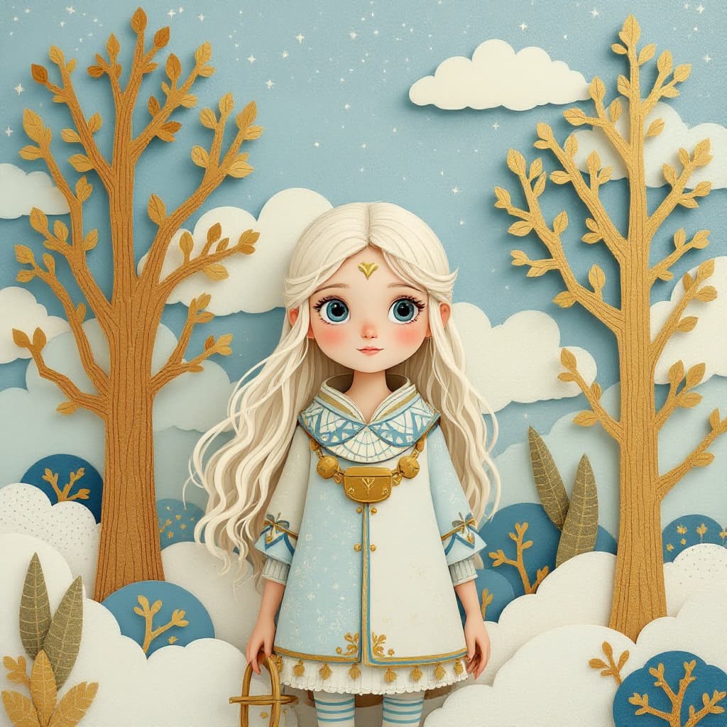 AI generated: A beautiful warrior, searching for treasure, stands against a backdrop of paper-cut trees and patter...