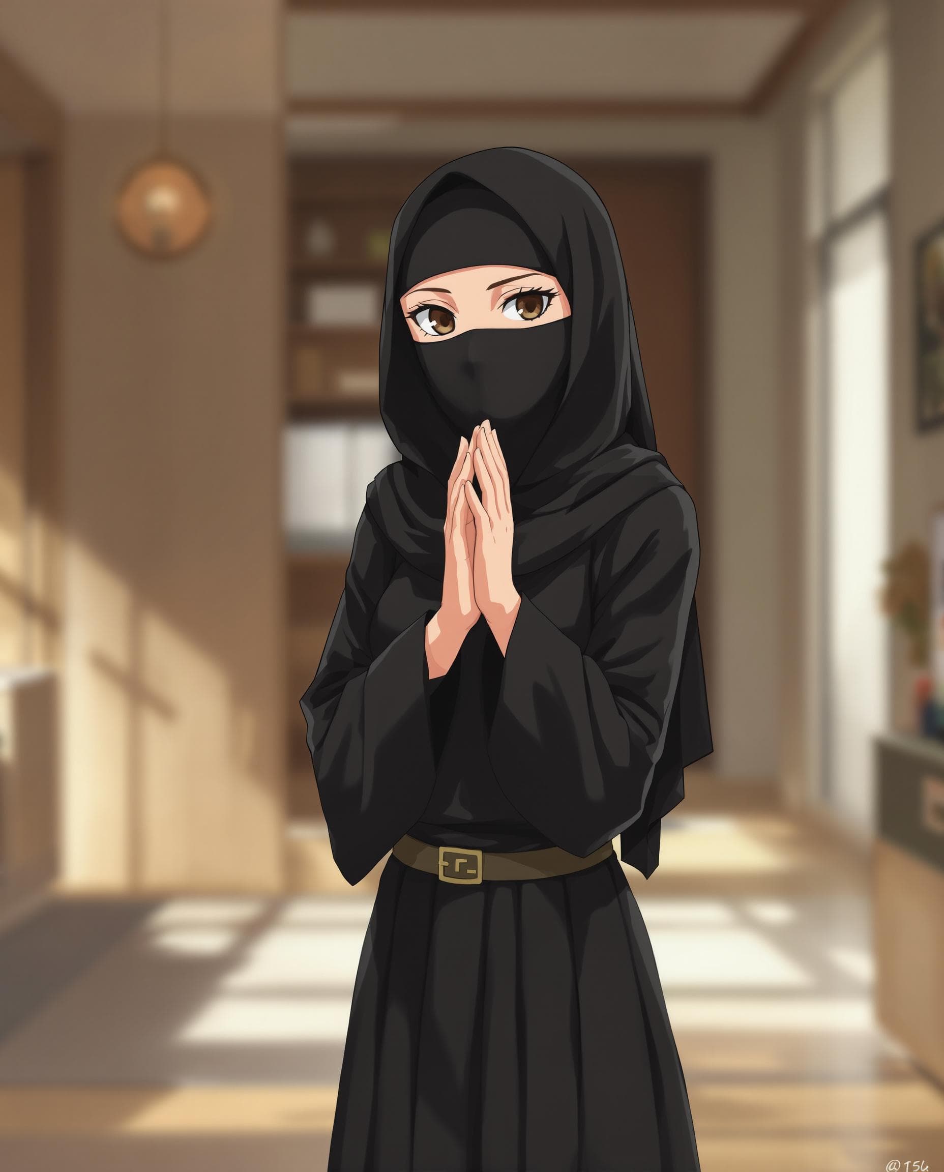 AI generated: anime of a girl, wearing a black hijab with the covering face like a Arabian woman in black clothes,...