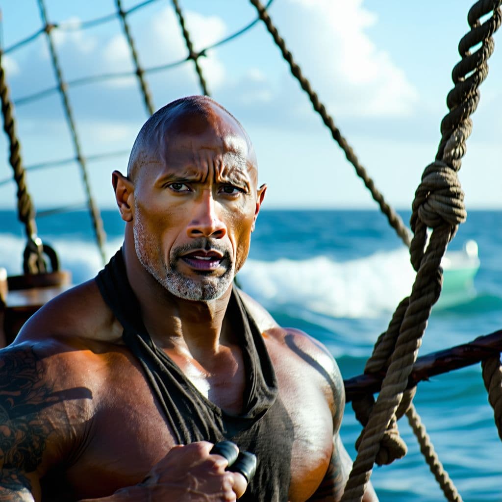 AI generated: dwayne johnson shipwrecked, alone, lonely, fearful, masters, hellish, uncanny