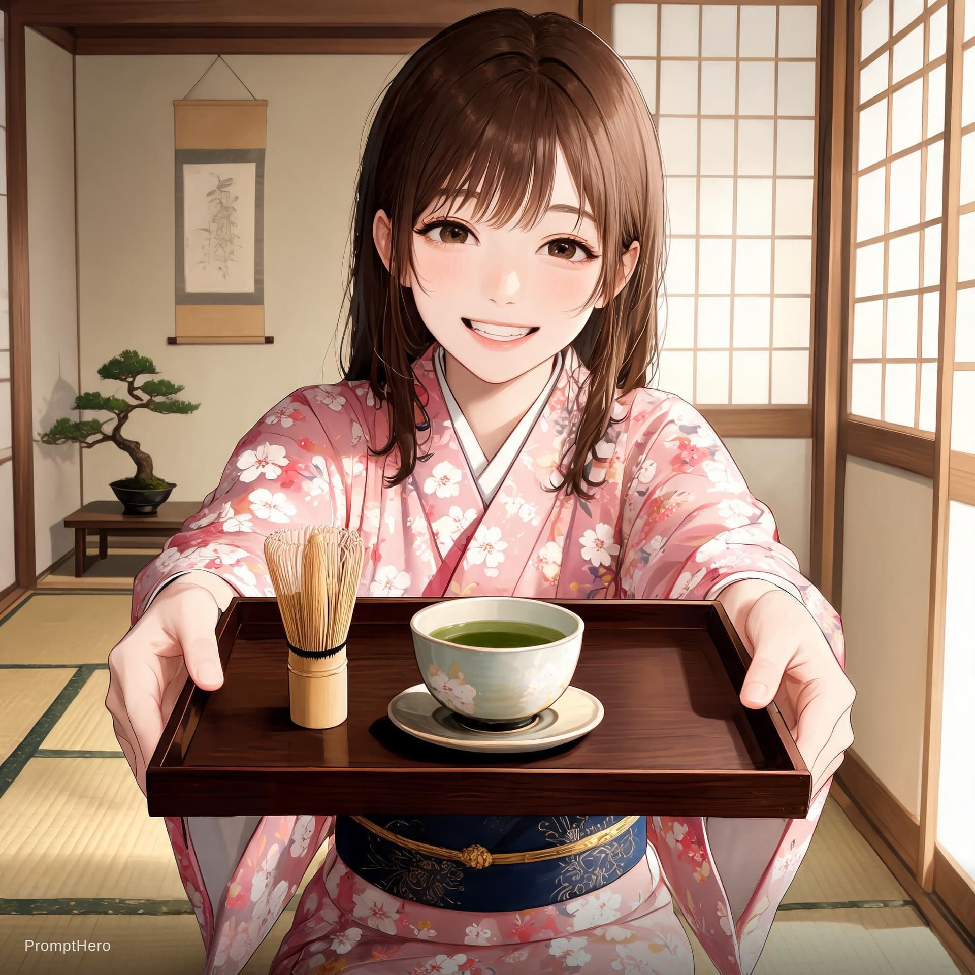 AI generated: smiles, wears a kimono,  serves japanese tea to the viewer, same artistic style