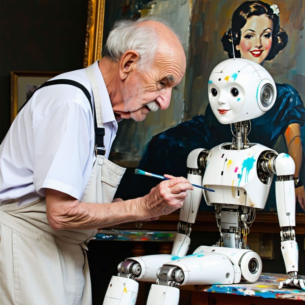 AI generated:  A very old man, ninety years old, paints the face of a female robot. He wears white overalls that a...