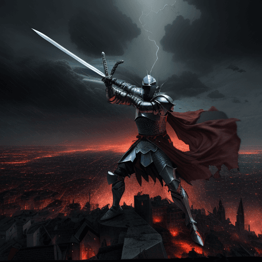 AI generated: A knight destroying an entire city with his sword while the sky was falling apart, red eyes, epic, h...