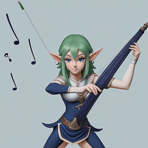 AI generated: cartoon series of an elf archer shooting musical notes, in the style of whimsical character designs,...