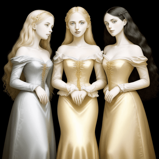 AI generated: three young women ladies by their dress and manner whispering together. Two were dark and had high a...