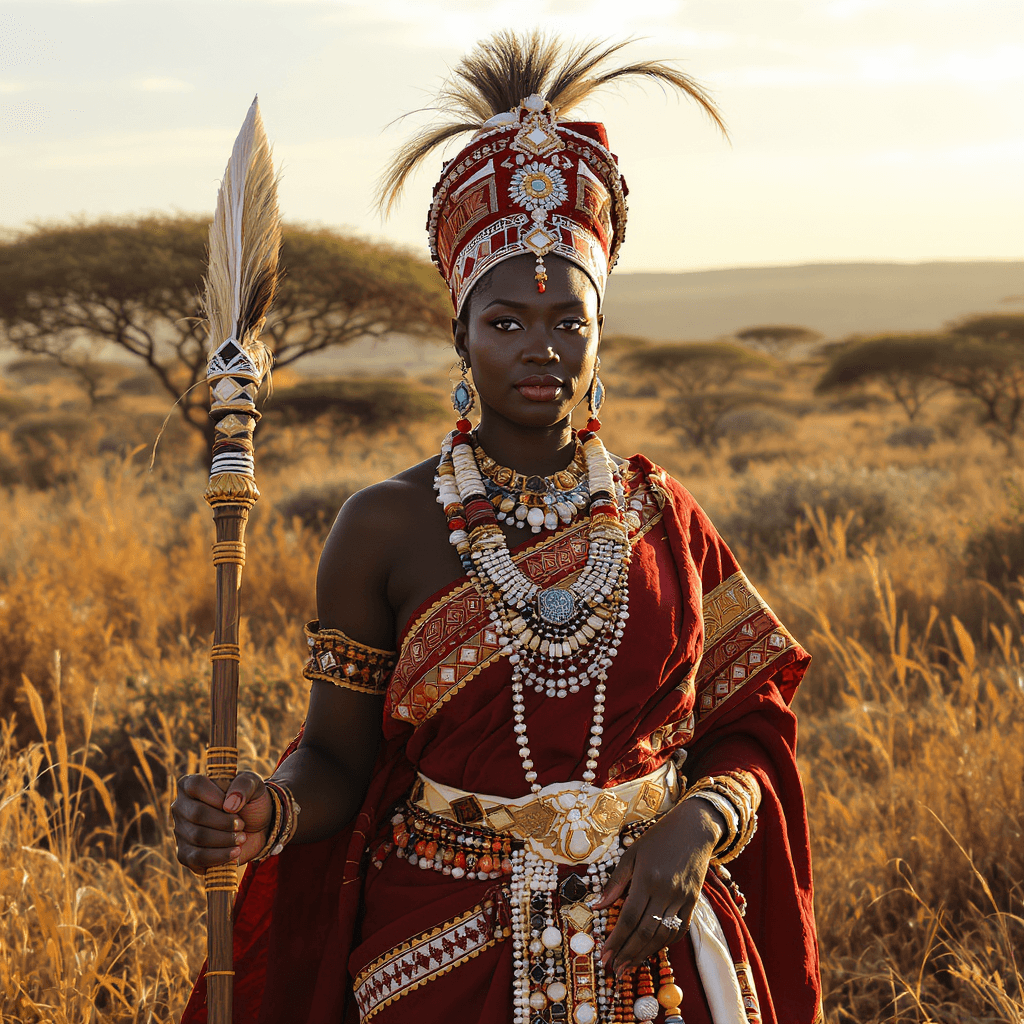 AI generated: A regal Zulu queen standing tall in traditional attire, adorned with vibrant beadwork, a richly patt...