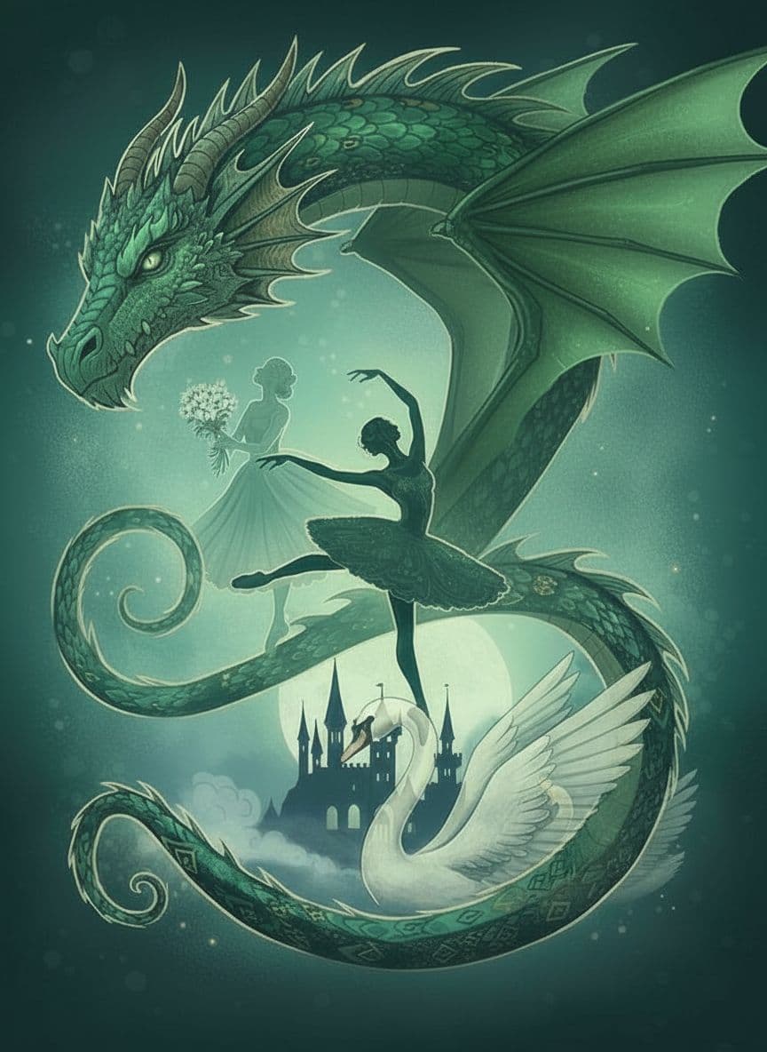AI generated: add solid dragon body and wings, save everything else on the image- swan, ballerinas!
