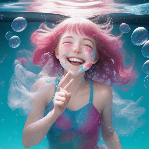 AI generated: a girl, laughing, surrounded by  colorful water bubbles