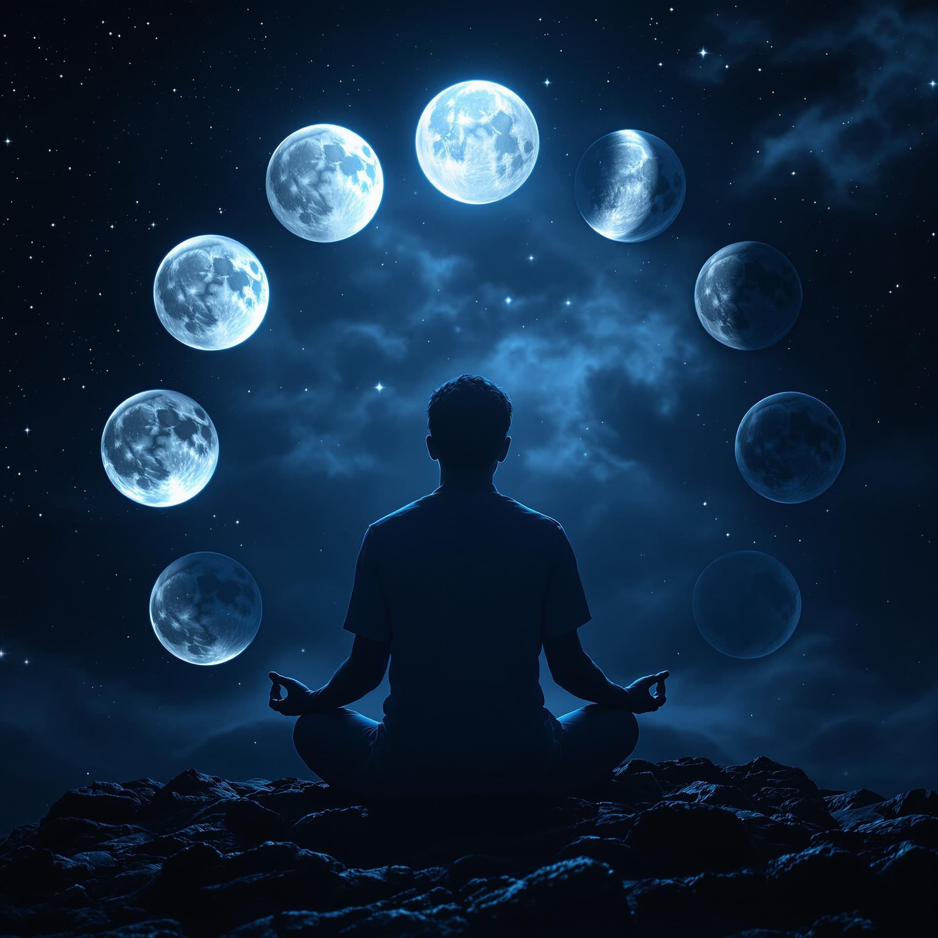 AI generated: A moon phase calendar with a person meditating under the moonlight.  dslr, ultra quality, sharp focu...