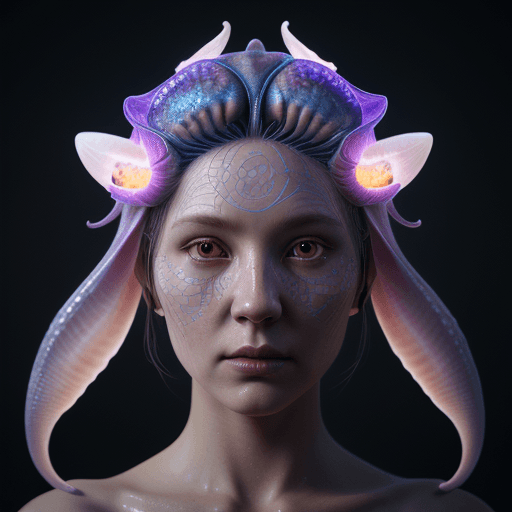 AI generated: Goddess close-up portrait ribcagel. jellyfish phoenix head, nautilus, orchid, skull, betta fish, bio...