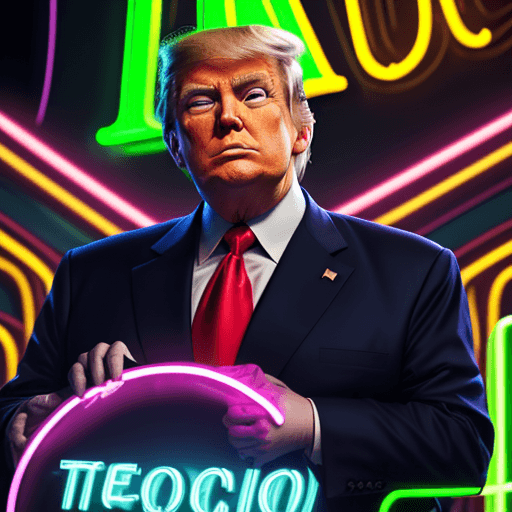 AI generated: President Donald Trump dressed in frog business suit, stares at the camera with a huge smile, and ho...