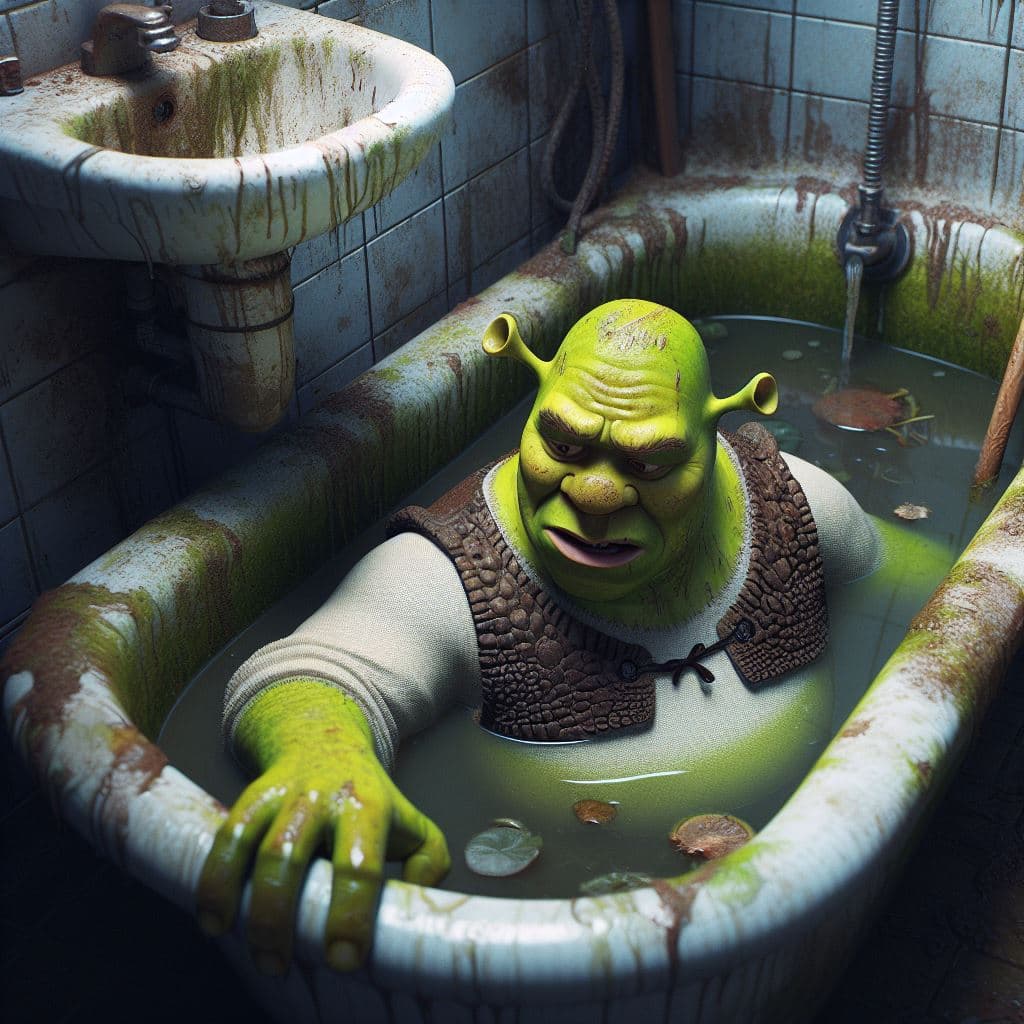 AI generated: Shrek slips in a grimy bathroom, realism