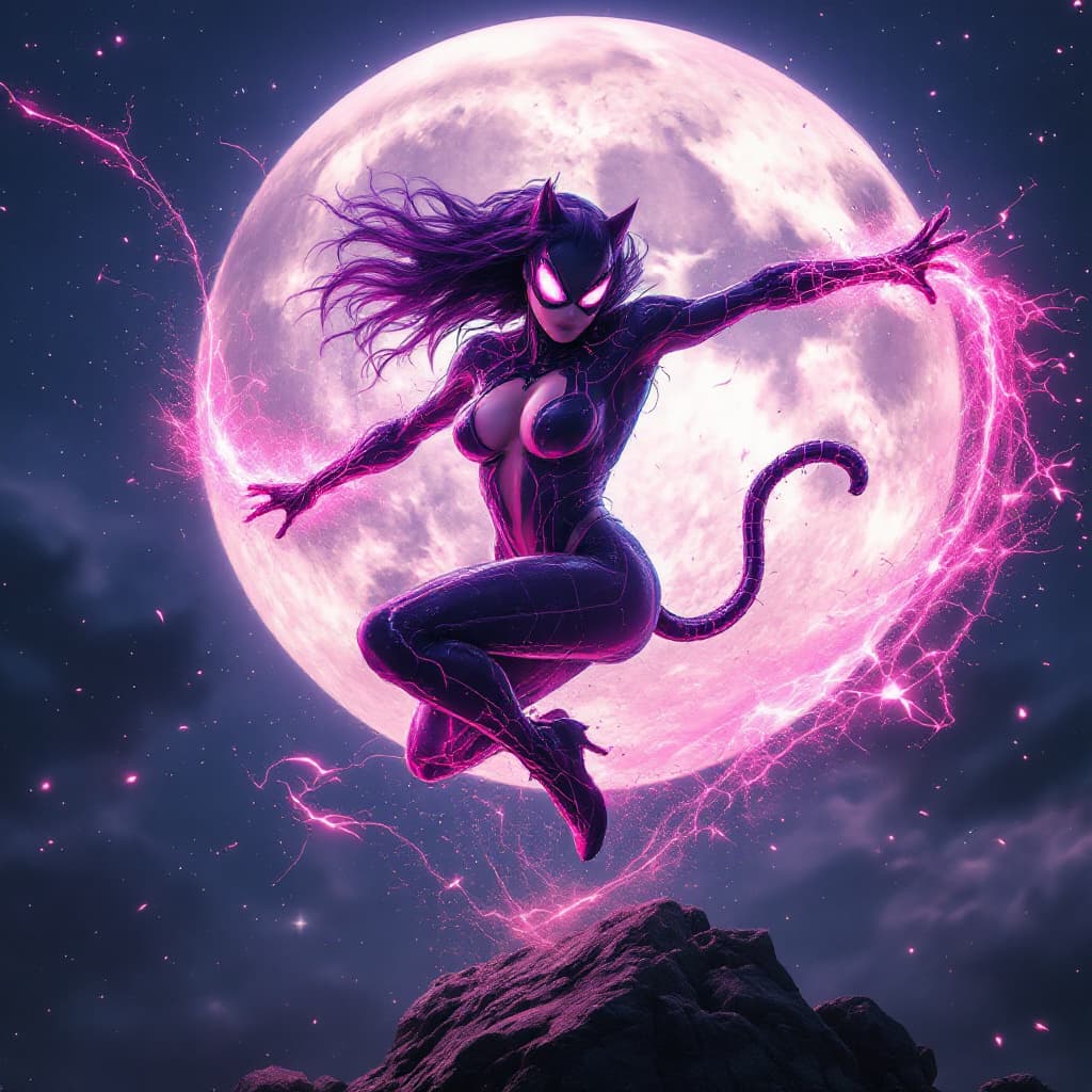 AI generated: Hyper realistic Katy Perry as A feline superhero, a striking blend of spider-like agility and feline...