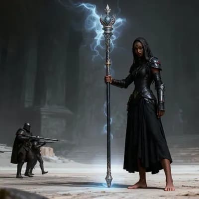 AI generated video: the woman hits the scepter on the ground and the soldiers fall to the ground after the blow.