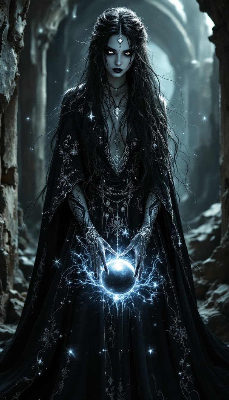 AI generated: An ultra-realistic, full-body portrait of a mesmerizing shadow weaver woman, revealing a spectral tr...