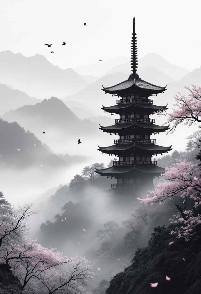 AI generated: Traditional Japanese pagoda standing tall in a foggy mountain valley, off-center to the right mid-ra...