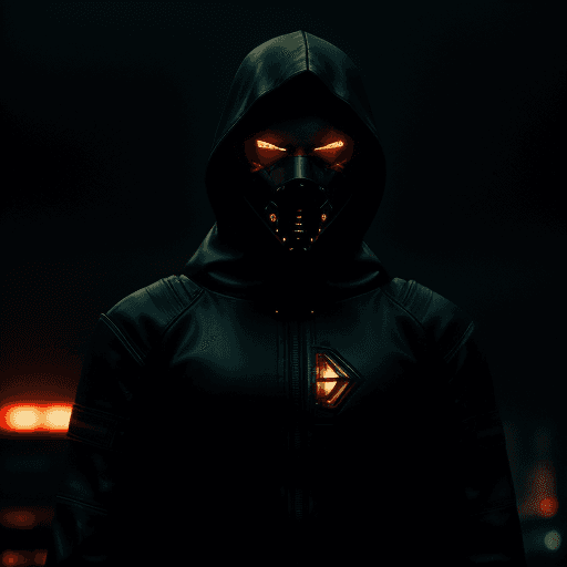 AI generated: cyberpunk, masked man, dark torn hood, dark rainy foggy night, intricate dark and chrome damaged arm...