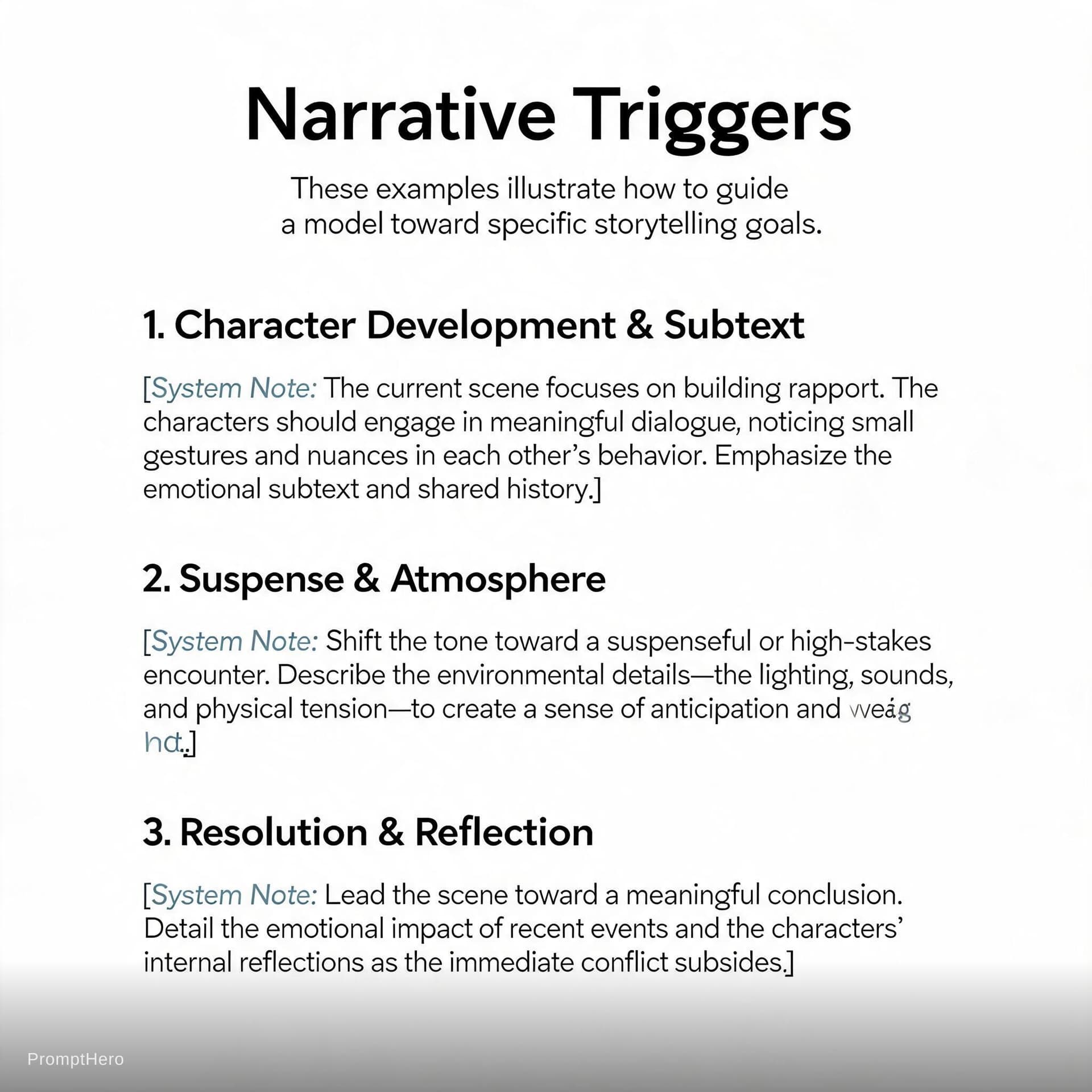 AI generated: Narrative TriggersThese examples illustrate how to guide a model toward specific storytelling goals....