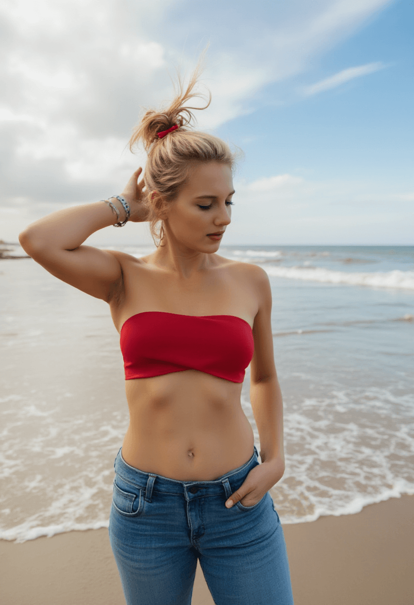 AI generated: "A fit adult woman stands on a beach, wearing a strapless red top and blue jeans. Her blonde hair is...