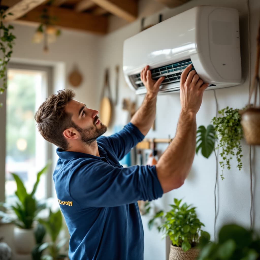 AI generated: Create an image of a home AC repair technician, in a modern-life setting with a bohemian decor filli...