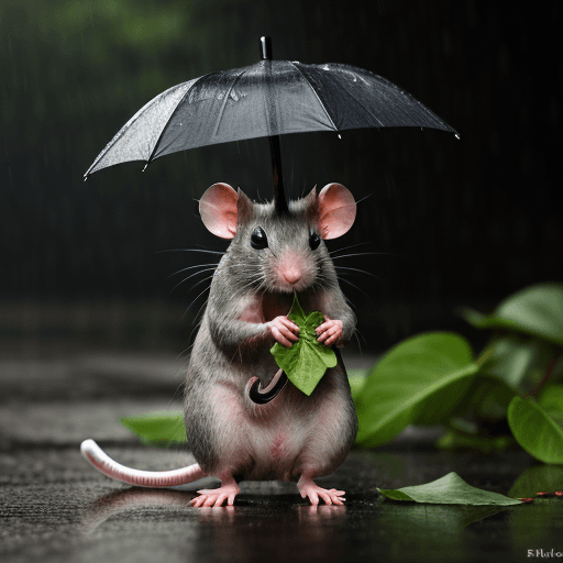 AI generated: a rat holding a leaf like an umbrella hiding from the rain --ar 25:32 --style raw --stylize 750