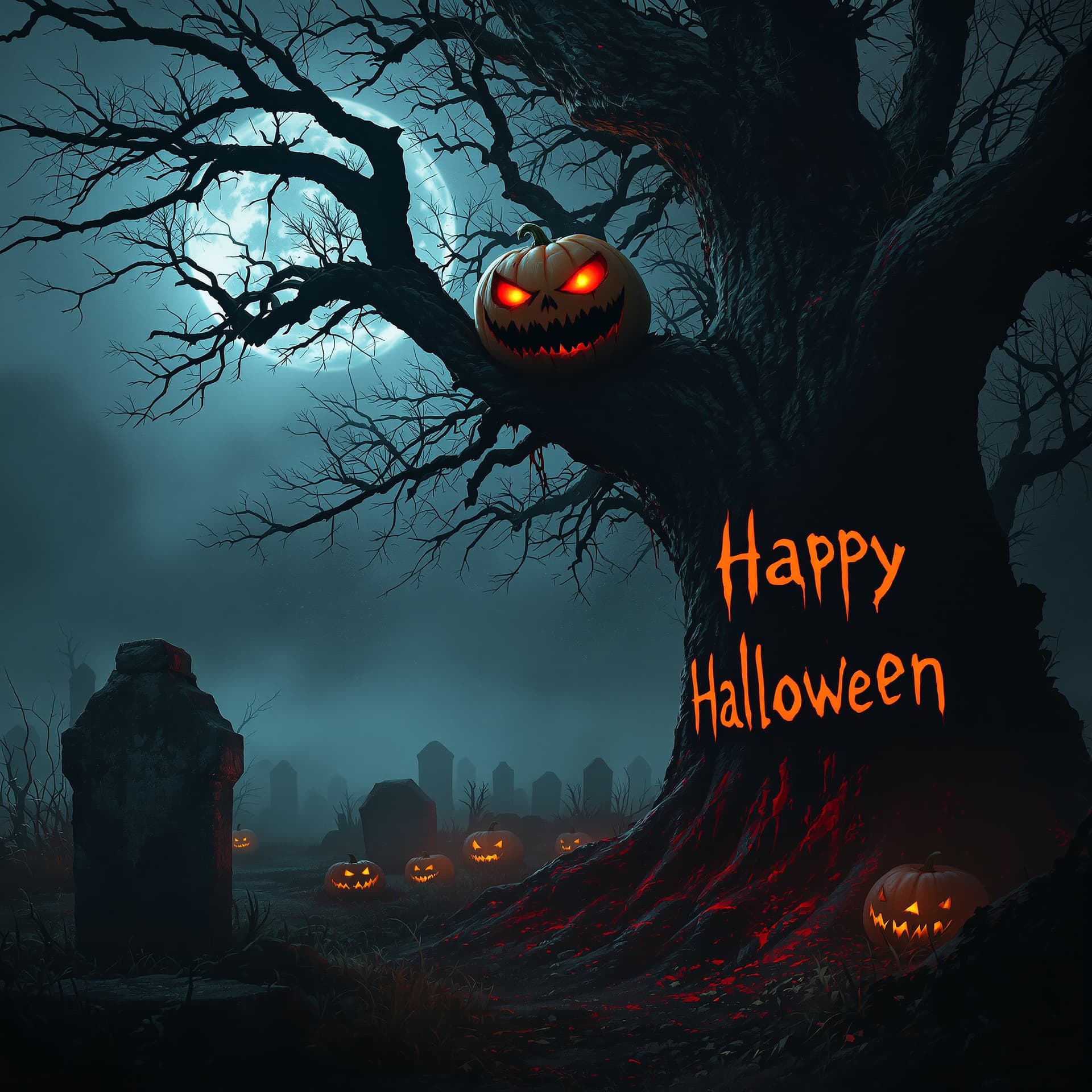AI generated: dark terrifying halloween scene, evil pumpkin demon, foggy cemetery, creepy atmosphere, glowing red ...