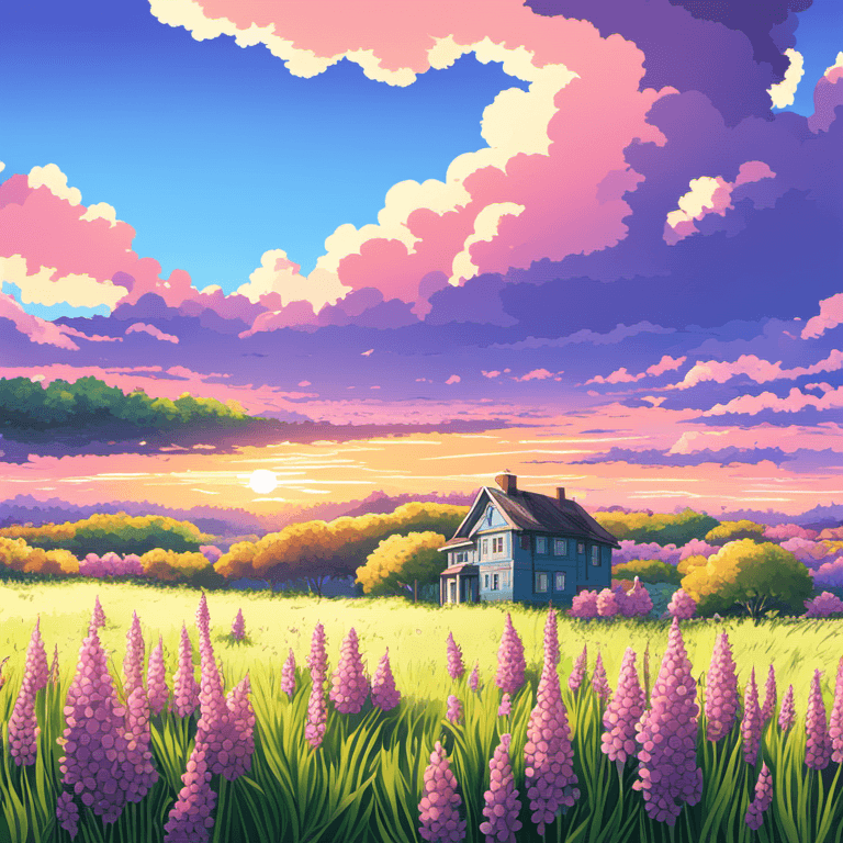 AI generated: A beautiful anime grass field landscape inspire form your name anime,house,luffu clouds,high details