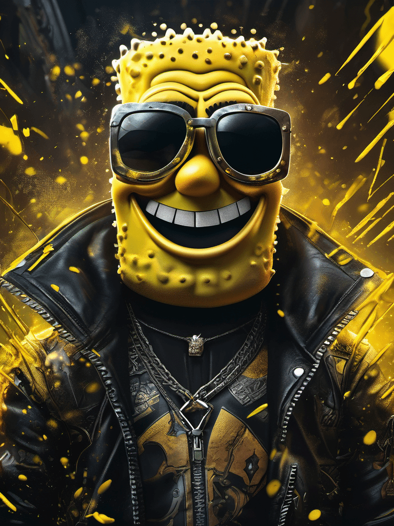 AI generated: stunning portrait of spongebob squarepants, badass, leather jacket, in the style of yellow and black...